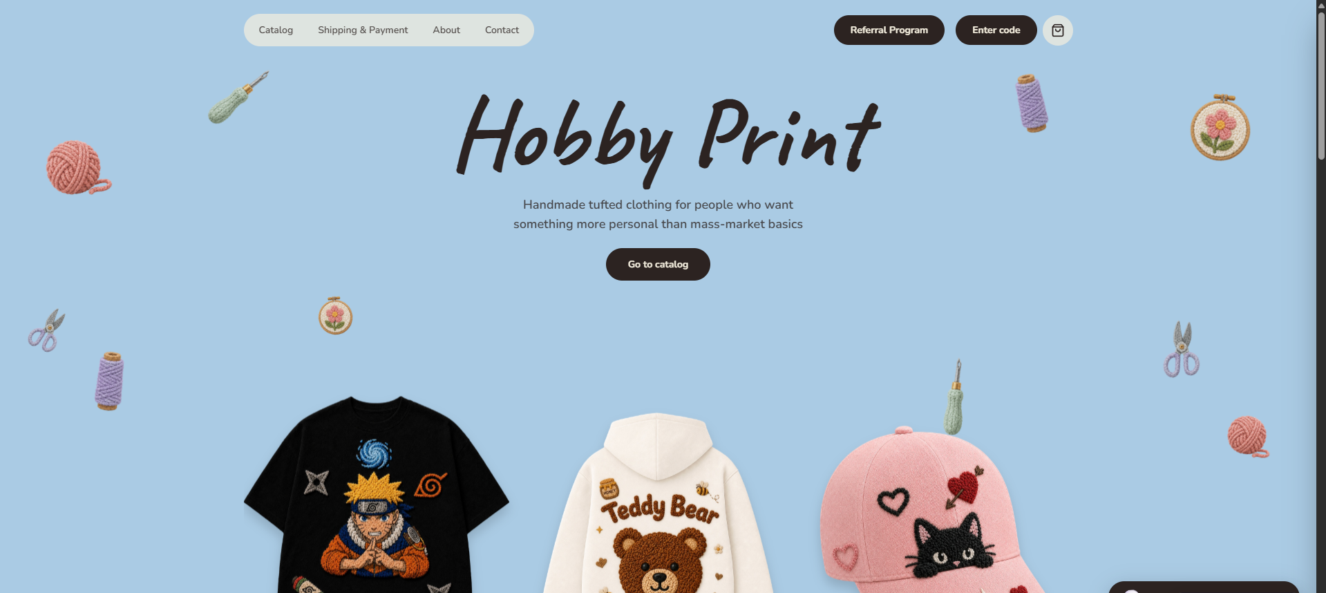Hobby Print storefront landing page English mock